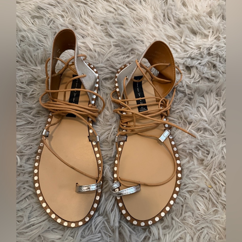 Steve Madden Tan Lace-Up Sandals with Silver Accents